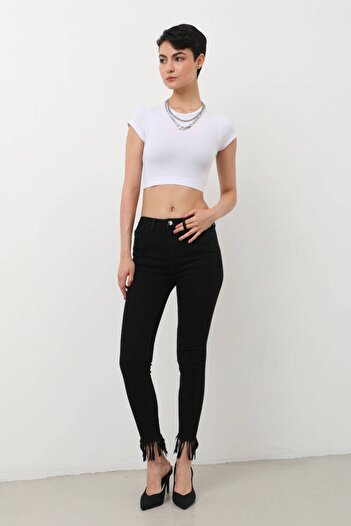 Bluewhite Women's Skinny Fit Fringed Jeans Trousers Black