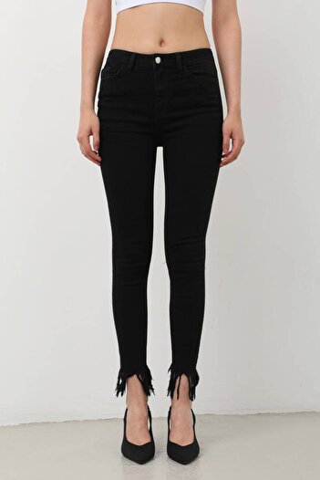 Bluewhite Kadın Skinny Fit Paçası Saçaklı Jean Pantolon Siyah