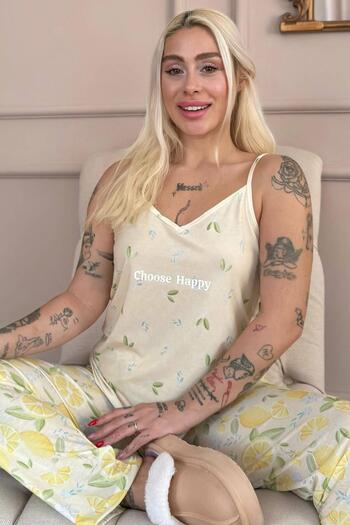Pijamaevi Choose Happy Printed Rope Strap Knitted Women's Pajama Set