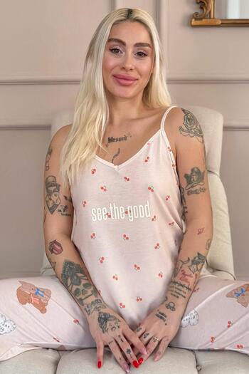Pijamaevi Light Powder See the Good Printed Rope Strap Knitted Women's Pajama Set