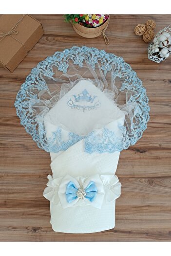 Tomuycuk Blue Lace Baby Blanket - 100% Cotton Swaddle Mawlid Gift for Newborn