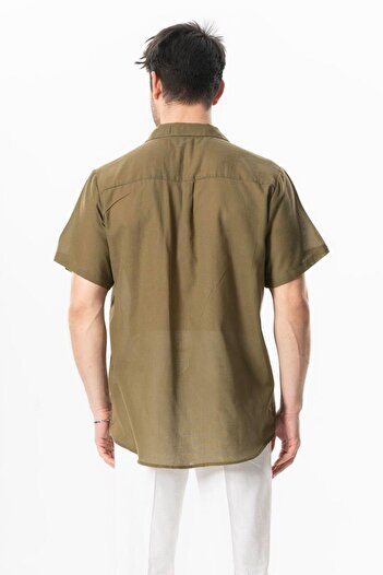Eliş Şile Bezi Men's Summer Shirt - Short Sleeve Poplin Mediterranean Style Khaki Hk