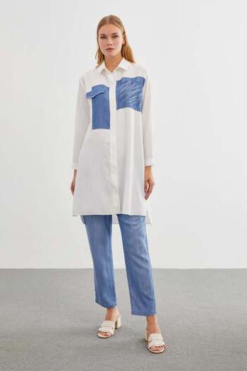 Zühre Long Tunic with Accessory Detail - Ecru