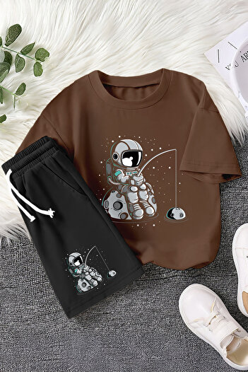 MYADA Children's Suit Crew Neck Elastic Shorts Holding Fish Astronaut Printed Printed 2-Piece Suit 12344