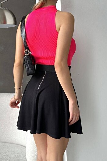 vuvutasarım Women's Stretchy Knitwear Fabric Stand Collar Drop Low-Cut Design Fuchsia Blouse 0285