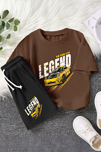 MYADA Children's Suit Crew Neck Elastic Shorts Legend Car Printed 2-Piece Set 20558