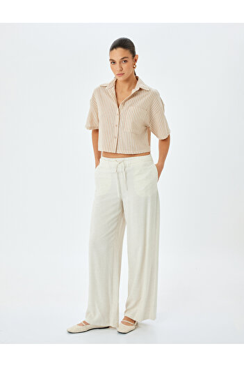 Koton Single Pocket Detailed Short Sleeve Striped Crop Shirt
