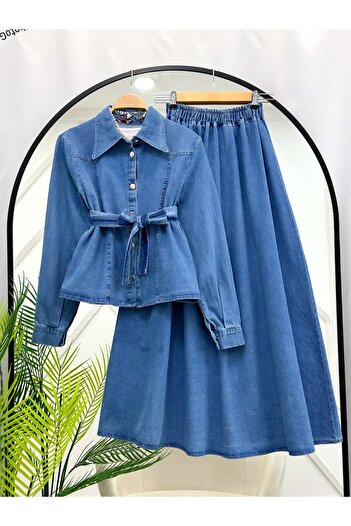 YEDİLALE Shirt Collar Denim Jacket and Skirt Double Set [Distressed]