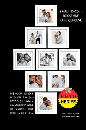 yhfoto 9 Pieces 25x25 Frame - White Frame - MDF Square Frame - Photo Frame Set