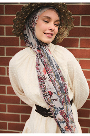 Fresh Beige Aliza Pattern Silk Crepe Shawl