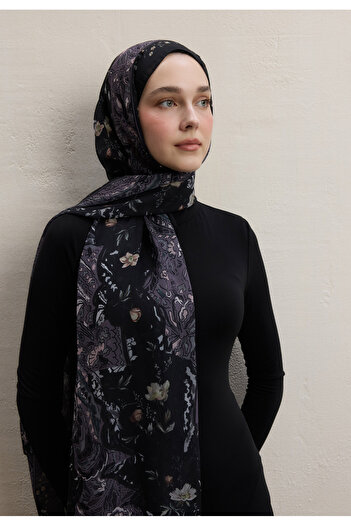 Fresh Aliza Pattern Silk Crepe Shawl Black