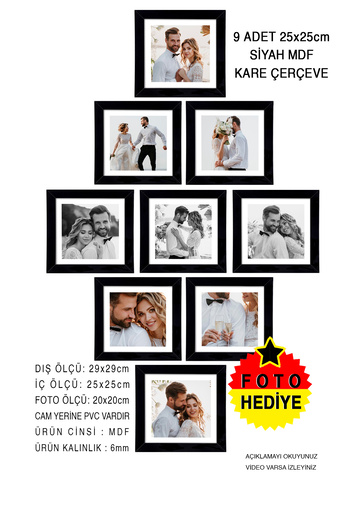 yhfoto 9 Pieces 25x25 Frame - Black Frame - Mdf Square Frame - Photo Frame Set
