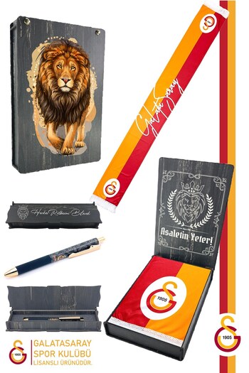 Galatasaray Eșarfă Kaškol cu ​​șal imprimat în două sensuri și stilou hibrid fără epuizare cu cutie de lemn