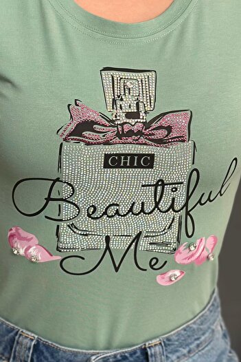 RICH GLAM Perfume Printed Crystal Stone Large Size Short Sleeve Stylish Comfortable Cotton Women's T-Shirt