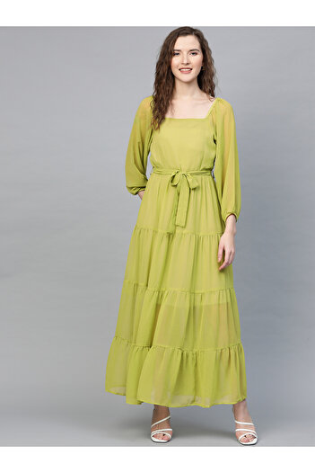 Sassafras By Styli Solid Tiered Square Neck Maxi Dress