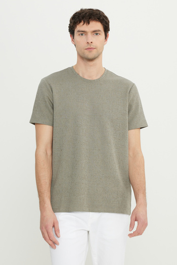 ALTINYILDIZ CLASSICS Men's Khaki Cotton Slim Fit Slim Fit Crew Neck Jacquard Stretch T-Shirt