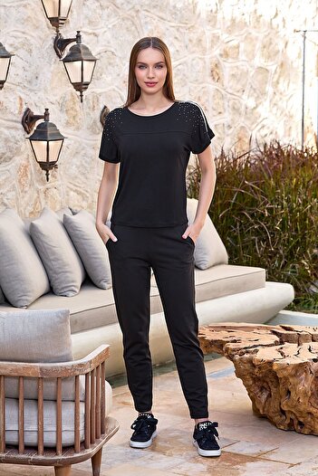 Cossy By Aqua 25718 Women's Black Short Sleeve Stone Printed 2-Piece Set