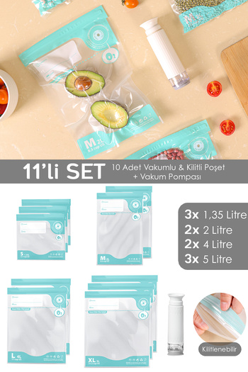 Meleni Home 11 Piece Vacuum Food Storage Bag Set - Ziplock Airproof Vacuum Bag with Vacuum Pump