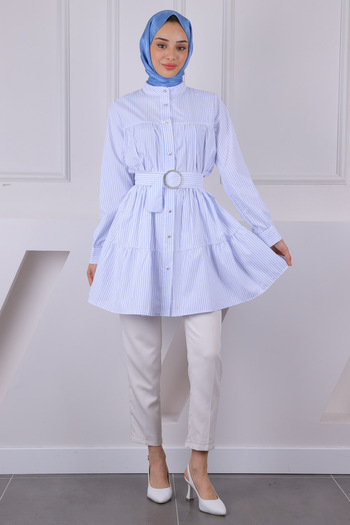 İmajButik White Blue Judge Collar Striped Poplin Tunic