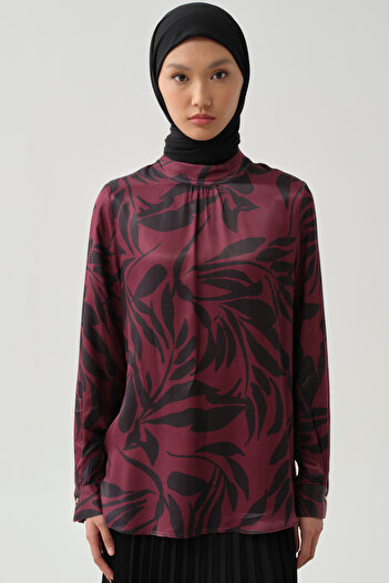 Tuğba Floral Desen Viskon Bluz - Mürdüm