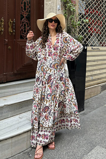 ASEDE 100% Viscose Bohemian Alaçatı Dress V-Neck Ethnic Patterned Viscose Dress Suitable for Hijab