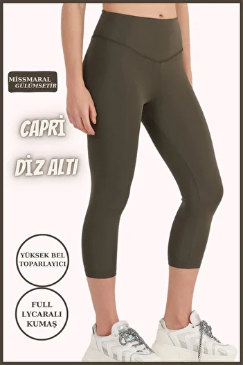 missmaral Women's Capri Tights Khaki Below the Knee High Waist Recovery Skinny Leg Cot Stitching Detailed Capri 1020