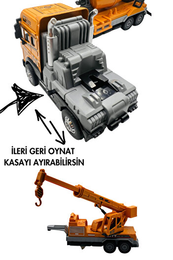 giffy Oyuncak İş Makinesi Sesli Işıklı Çek Bırak Metal Vinç, Beton Mikseri, Kamyon, Kepçe 30 Cm