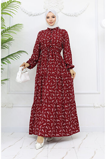 sefamerve Half button floral patterned dress 0025-03 burgundy