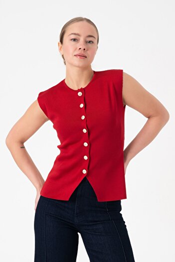 Merry Rise Buttoned Red Women's Knitwear Vest