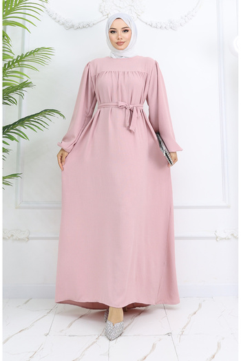sefamerve Crepe Fabric Sleeve Elastic Dress 0029-09 Powder