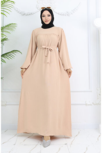 sefamerve Beige Dress - Crepe Fabric Sleeve, Elastic 0029-03 Model