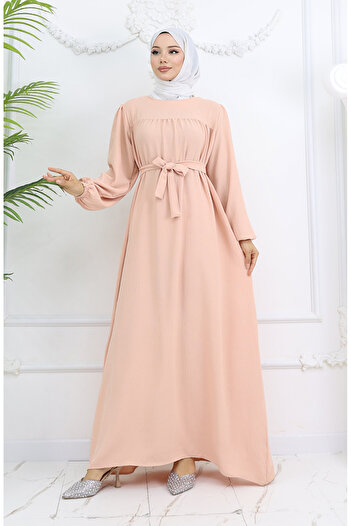 sefamerve Crepe Fabric Sleeve Elastic Dress 0029-10 Salmon