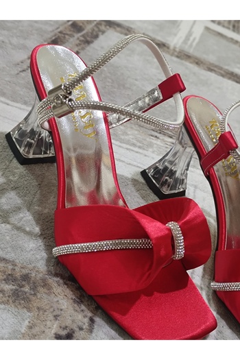 Renasay shose Women's Red Satin Bow Sandals Heeled Shoes