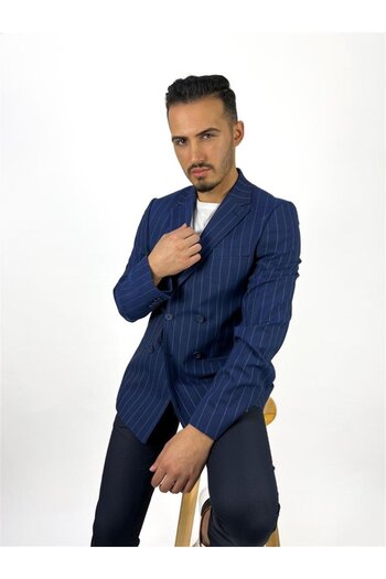 AGUSTİNİ Agustini - Navy Blue Striped Slim Fit Double Breasted Single Jacket, Mono Collar