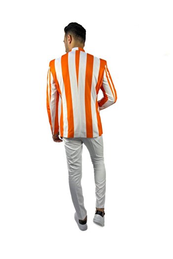AGUSTİNİ Turuncu ve Beyaz Şerit Desen Torba Cep Blazer Tek Ceket Slim Fit | Agustini