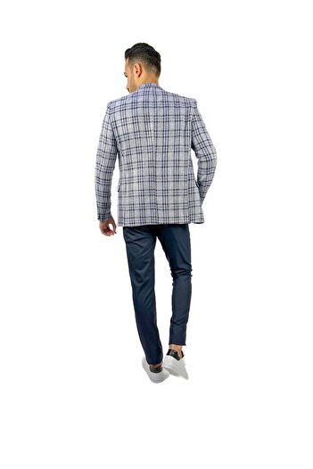 AGUSTİNİ Lacivert Ekose Blazer Tek Ceket Sivri Yaka Regular Fit | Agustini