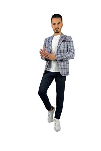 AGUSTİNİ Lacivert Ekose Blazer Tek Ceket Sivri Yaka Regular Fit | Agustini