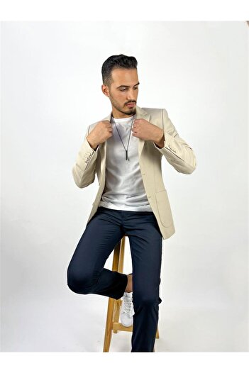 AGUSTİNİ Ekru Renk Torba Cep Tek Ceket Mono Yaka Slim Fit | Agustini