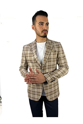 AGUSTİNİ Bej Ekose Blazer Tek Ceket Sivri Yaka Regular Fit | Agustini