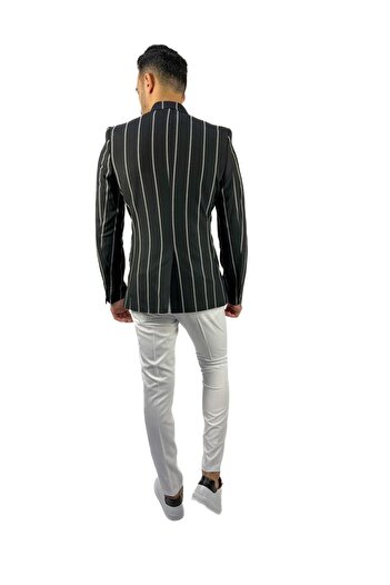 AGUSTİNİ Siyah Beyaz Çızgili Kruvaze Mono Yaka Slim Fit Tek Ceket | Agustini