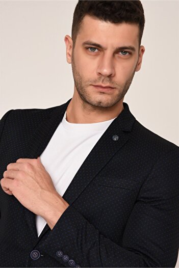 AGUSTİNİ Agustini - Navy BlueSlimFit Blazer, Polka Dot, Half Lining,MonoCollar Single Jacket