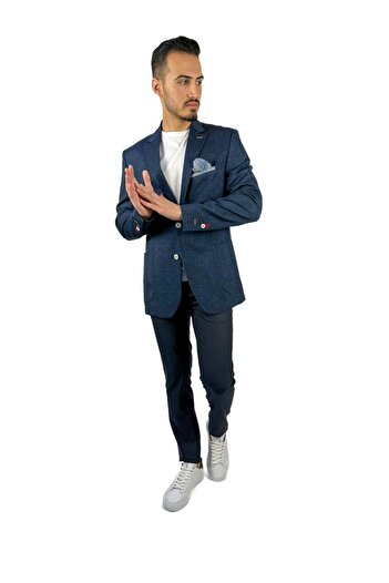 AGUSTİNİ Lacivert Blazer Mono Yaka Slim Fit Astarsız Tek Ceket | Agustini