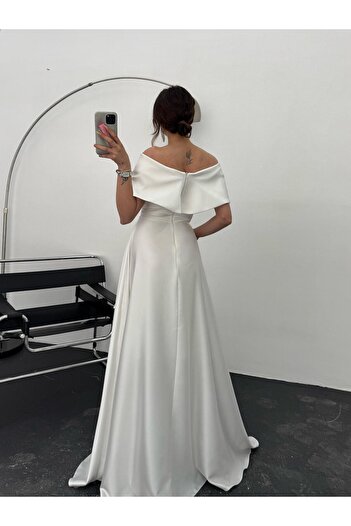 Serica Moda Beyaz Önü Taşlı Fiyonk Detaylı  Abiye