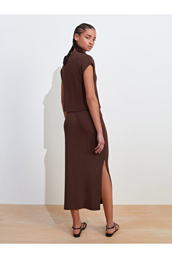 Dilvin 80126 Elastic Waist Ribbed Slit Knitwear Skirt-Brown