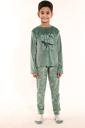 DOFİ Erkek Çocuk Yeşil Super Soft Dinazor Desenli Pijama Takımı