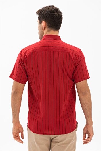 Eliş Şile Bezi Short Sleeve Şile Cloth, Single Pocket Summer Men's Shirt Red/Black 3005
