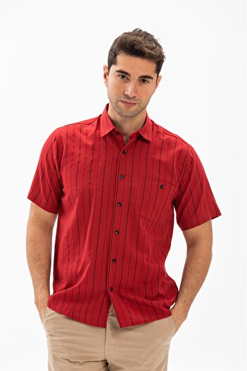 Eliş Şile Bezi Short Sleeve Şile Cloth, Single Pocket Summer Men's Shirt Red/Black 3005