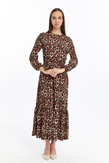CNR TEKSTİL Women's Leopard Print Ruffle Long Dress