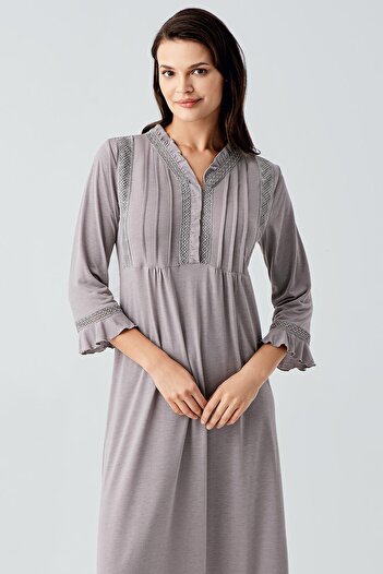 Artış Lace Buttoned Long Sleeve Stretchy Viscose Nightgown