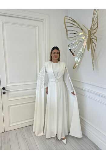 White Corner 2921 Sleeve Detail Abaya Suit